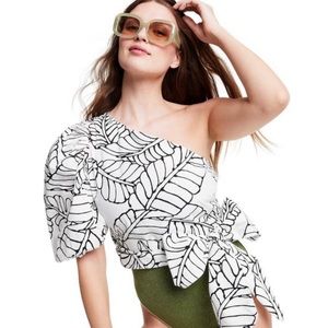 Cute one shoulder top - black and white palm print